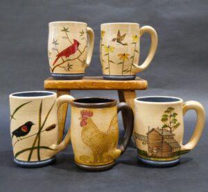 Winton & Rosa Eugene, Hand Painted & Carved Mugs (SOLD)